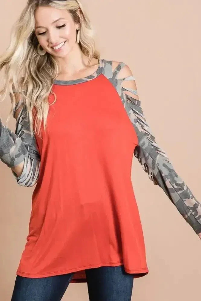BiBi Jersey Knit Top with Camouflage Laser Cut Sleeves - Update AvenueT-ShirtsTrendsi10010064040130310010064040130303abbae26b384797b23d8da1fded8b7b - Max - OriginRUST