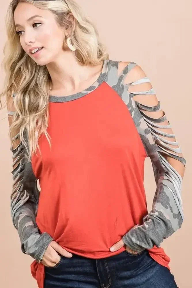 BiBi Jersey Knit Top with Camouflage Laser Cut Sleeves - Update AvenueT-ShirtsTrendsi100100640401303100100640401303b2eac56944eb4d17b0b590bacc6c8f24 - Max - OriginRUST