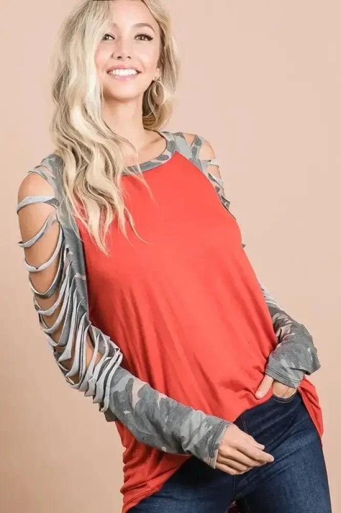 BiBi Jersey Knit Top with Camouflage Laser Cut Sleeves - Update AvenueT-ShirtsTrendsi100100640401303100100640401303d50acab952aa4a0e923fb4bb06a396e5 - Max - OriginRUST