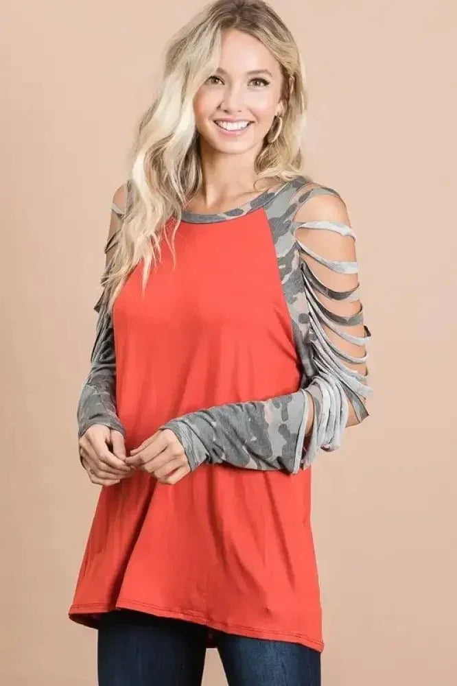BiBi Jersey Knit Top with Camouflage Laser Cut Sleeves - Update AvenueT-ShirtsTrendsi100100640401303100100640401303319ff41013e7437084b3864130280797 - Max - OriginRUST