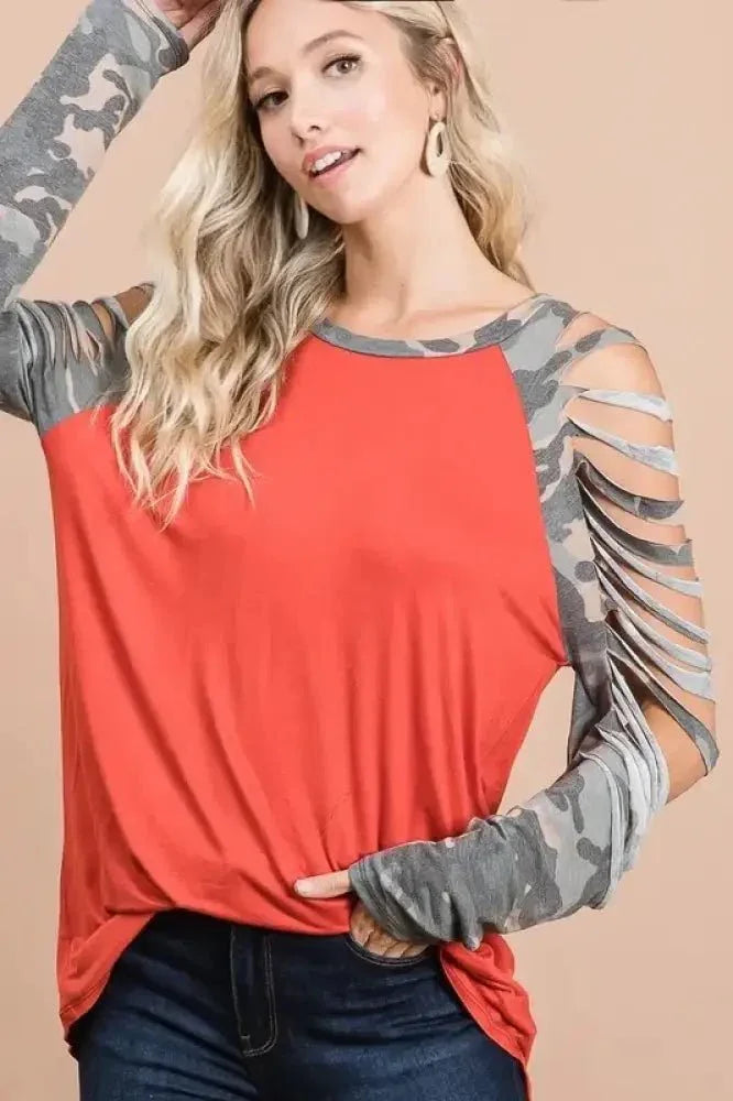 BiBi Jersey Knit Top with Camouflage Laser Cut Sleeves - Update AvenueT-ShirtsTrendsi10010064040130310010064040130336c3b2942b074ea29a38e72ebb579ca4 - Max - OriginRUST