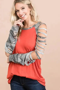 BiBi Jersey Knit Top with Camouflage Laser Cut Sleeves - Update AvenueT-ShirtsTrendsi1001006404013031001006404013030378fd6cb729451b90ed73245d703a37 - Max - OriginRUST