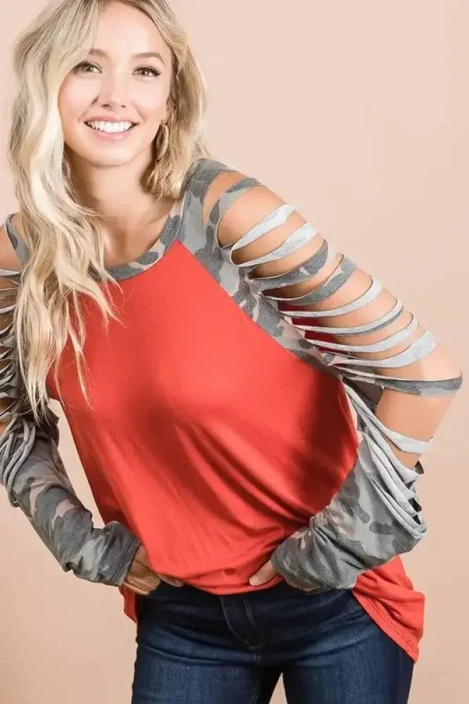 BiBi Jersey Knit Top with Camouflage Laser Cut Sleeves - Update AvenueT-ShirtsTrendsi1001006404013031001006404013037331423ef4fe4347b33aa8e0c46bcc7c - Max - OriginRUST