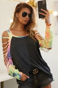 BiBi Jersey Knit Top with Tie Dye Laser Cut Sleeves - Update AvenueT-ShirtsTrendsi100100400331511100100400331511af83172754874afea68c114865b1ae4e - Max - OriginCHARCOAL