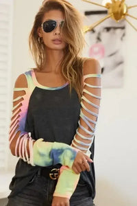 BiBi Jersey Knit Top with Tie Dye Laser Cut Sleeves - Update AvenueT-ShirtsTrendsi100100400331511100100400331511b304e6335f5f45b3a31a98e755976aee - Max - OriginCHARCOAL