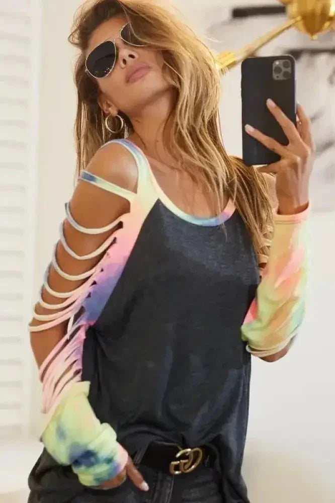 BiBi Jersey Knit Top with Tie Dye Laser Cut Sleeves - Update AvenueT-ShirtsTrendsi100100400331511100100400331511d23c5c317e4a4d139700ab25cefb2cb6 - Max - OriginCHARCOAL