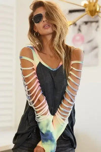 BiBi Jersey Knit Top with Tie Dye Laser Cut Sleeves - Update AvenueT-ShirtsTrendsi100100400331511100100400331511d6b11bb00fee4b76b5a777f064e0b2a1 - Max - OriginCHARCOAL