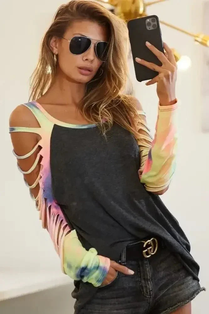 BiBi Jersey Knit Top with Tie Dye Laser Cut Sleeves - Update AvenueT-ShirtsTrendsi1001004003315111001004003315119a5e9d6caf494627ac8bb00739902601 - Max - OriginCHARCOAL