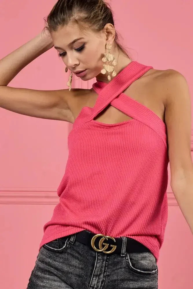 BiBi Lace Knit with Cut Out And Cross Neck Banded Top - Update AvenueTrendsi100100735351177100100735351177ed91fa20620349a2b7ec9dfc148a8258 - Max - OriginCORAL