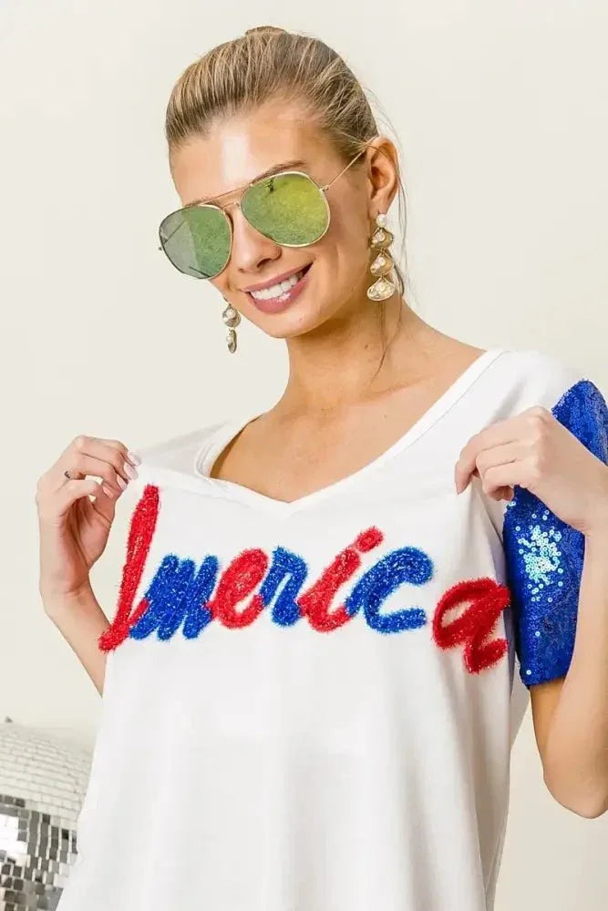 BiBi Metallic Letter V - neck Sequin Sleeves Top - Update AvenueT-ShirtsTrendsi10010001491128910010001491128926e860b90766425aadb8a61019d918e9 - Max - OriginOFF WHITE