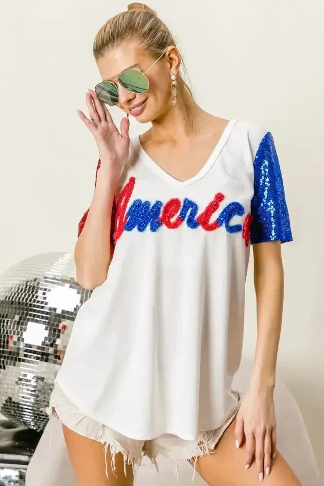 BiBi Metallic Letter V - neck Sequin Sleeves Top - Update AvenueT-ShirtsTrendsi100100014911289100100014911289b2227c8928474c60a552a0da7121498a - Max - OriginOFF WHITE