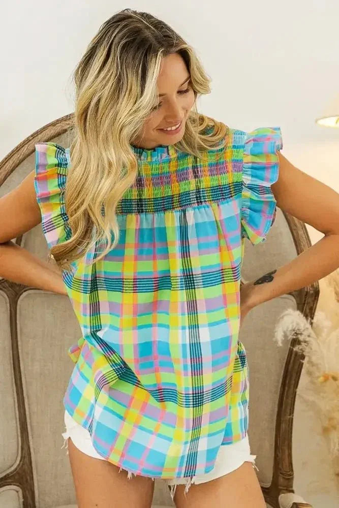 BiBi Multi Color Check Plaid Woven Top - Update AvenueTrendsi100100955601496100100955601496416bb0f30d754da7b6d7cf0528fbaf67 - Max - OriginLT BLUE/YELLOW