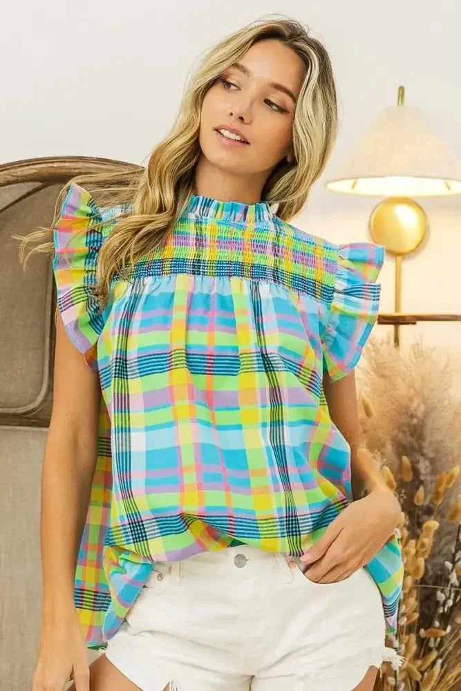 BiBi Multi Color Check Plaid Woven Top - Update AvenueTrendsi100100955601496100100955601496fef25353e80f46349338d2ee2018c111 - Max - OriginLT BLUE/YELLOW