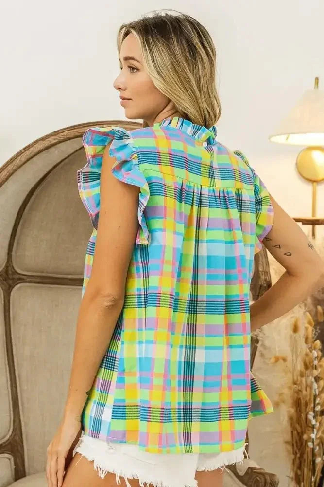 BiBi Multi Color Check Plaid Woven Top - Update AvenueTrendsi1001009556014961001009556014968e1d63a7a0654cbbb730df7b0bde9629 - Max - OriginLT BLUE/YELLOW