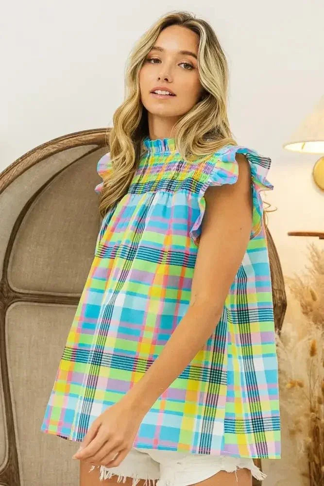 BiBi Multi Color Check Plaid Woven Top - Update AvenueTrendsi10010095560149610010095560149672a184a910db4622ae03c86a7e893b5c - Max - OriginLT BLUE/YELLOW