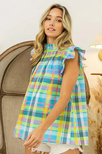 BiBi Multi Color Check Plaid Woven Top - Update AvenueTrendsi10010095560149610010095560149672a184a910db4622ae03c86a7e893b5c - Max - OriginLT BLUE/YELLOW