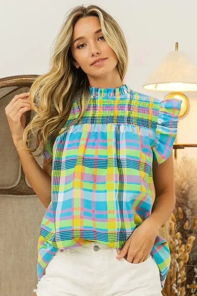 BiBi Multi Color Check Plaid Woven Top - Update AvenueTrendsi100100955601496100100955601496024b60ccd3c24590b6429fd3ac58129b - Max - OriginLT BLUE/YELLOW