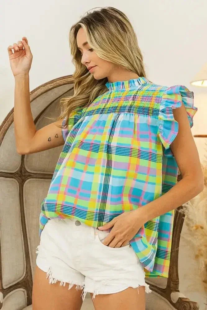 BiBi Multi Color Check Plaid Woven Top - Update AvenueTrendsi1001009556014961001009556014960673d8c639be4b3c93242744b69642c0 - Max - OriginLT BLUE/YELLOW