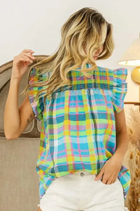 BiBi Multi Color Check Plaid Woven Top - Update AvenueTrendsi10010095560149610010095560149636537bc2bb5e442a8dcd5fc9c03be5a2 - Max - OriginLT BLUE/YELLOW