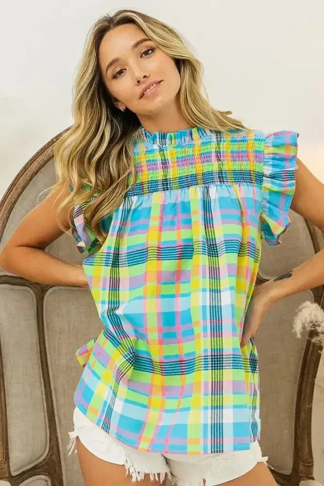 BiBi Multi Color Check Plaid Woven Top - Update AvenueTrendsi10010095560149610010095560149663ce556f41a94fdc9f4caee4a27dfb72 - Max - OriginLT BLUE/YELLOW