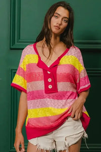BiBi Multi Color Stripe Hacci Button Detail Ringer Top - Update AvenueT-ShirtsTrendsi1001000644918961001000644918961bdbfdbec3654c519272187f94a860ba - Max - OriginFUCHSIA/YELLOW