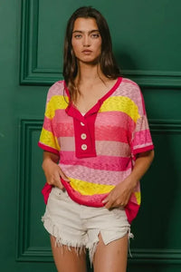 BiBi Multi Color Stripe Hacci Button Detail Ringer Top - Update AvenueT-ShirtsTrendsi100100064491896100100064491896b61d297c314e432db724474ab24f549a - Max - OriginFUCHSIA/YELLOW