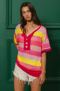BiBi Multi Color Stripe Hacci Button Detail Ringer Top - Update AvenueT-ShirtsTrendsi100100064491896100100064491896e0981f18c0fc4352886e492db8adda18 - Max - OriginFUCHSIA/YELLOW