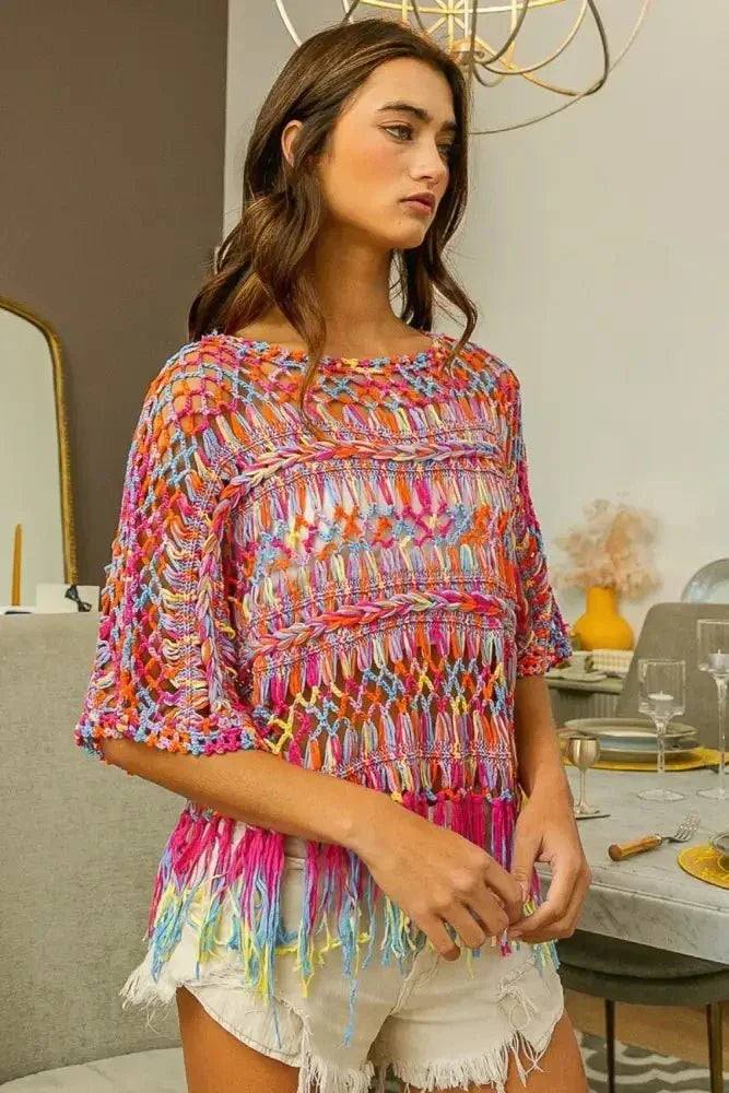 BiBi Openwork Fringed Knit Cover Up - Update AvenueFestival VibesTrendsi100100765131632100100765131632f310f3ad - fb18 - 43a5 - b7f5 - f1211f3fd105 - MaxBurnt Orange Multi