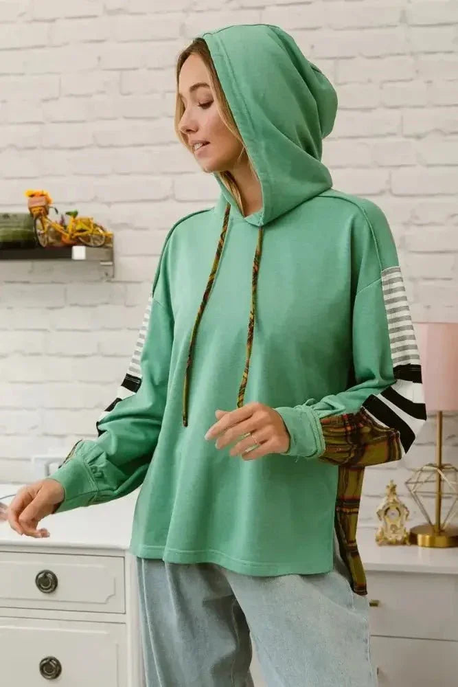 BiBi Plaid With Stripes Mix Match French Terry Hoodie - Update AvenueTrendsi10010097364129410010097364129445b790b5e2d244888cce17860628394d - Max - OriginDUSTY TEAL/LT OLIVE