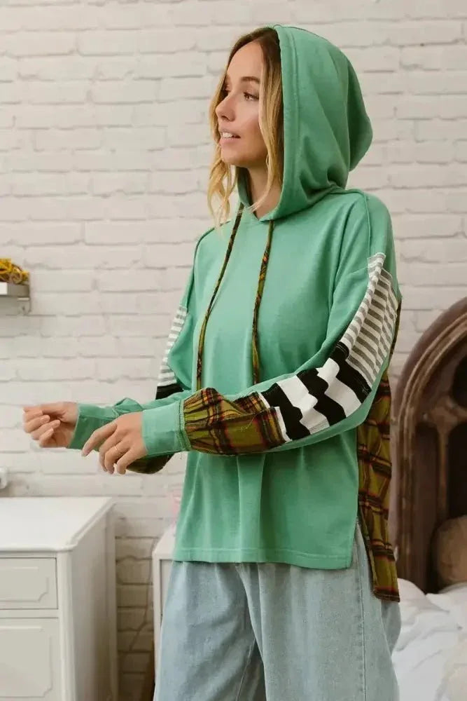 BiBi Plaid With Stripes Mix Match French Terry Hoodie - Update AvenueTrendsi100100973641294100100973641294e68c5adba8274974b410836090301e03 - Max - OriginDUSTY TEAL/LT OLIVE