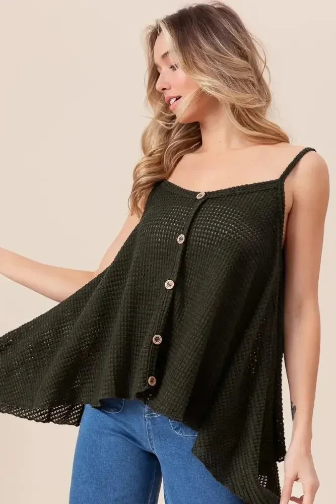 BiBi Popcorn Waffle Knit with Buttoned Front Cami Top - Update AvenueTrendsi100100548131227100100548131227797721e1638141ea8f5197c4ee557446 - Max - OriginBLACK