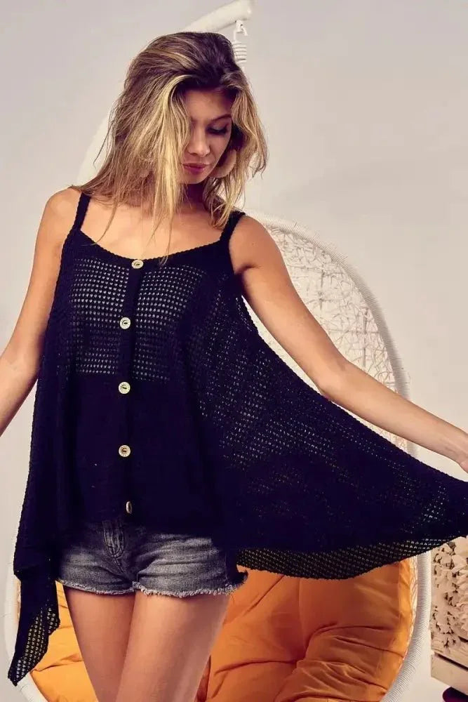 BiBi Popcorn Waffle Knit with Buttoned Front Cami Top - Update AvenueTrendsi100100548131227100100548131227e56c0798aac24bdea28f157c431caf04 - Max - OriginBLACK
