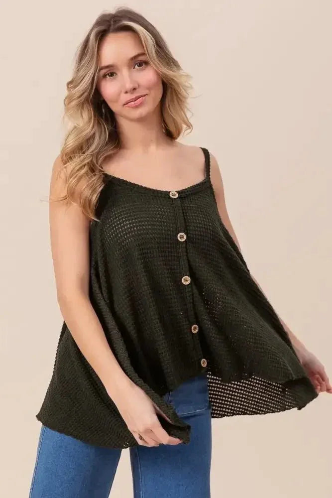 BiBi Popcorn Waffle Knit with Buttoned Front Cami Top - Update AvenueTrendsi100100548131227100100548131227d5f09f6520934ca8916c639a908d7bbc - Max - OriginBLACK