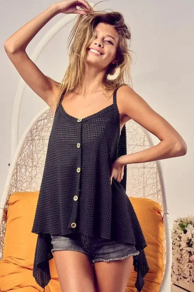BiBi Popcorn Waffle Knit with Buttoned Front Cami Top - Update AvenueTrendsi10010054813122710010054813122795eb1f411bc04d05b9567dc396be128a - Max - OriginBLACK