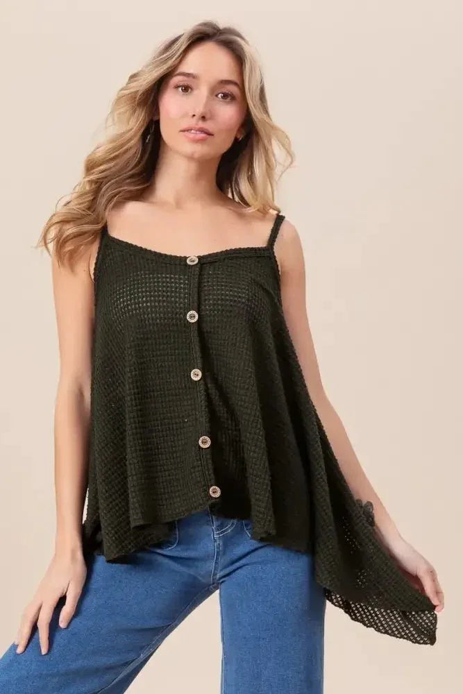 BiBi Popcorn Waffle Knit with Buttoned Front Cami Top - Update AvenueTrendsi100100548131227100100548131227db88b24d078c43f4a82941ff15e47de3 - Max - OriginBLACK