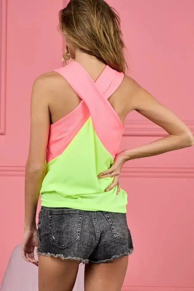 BiBi Rib Knit Color Block with Neck Banded Cross Top - Update AvenueTrendsi100100221981616100100221981616fe44468d3dbb453fb704c40a456793d9 - Max - OriginN.YELLOW/N.PINK