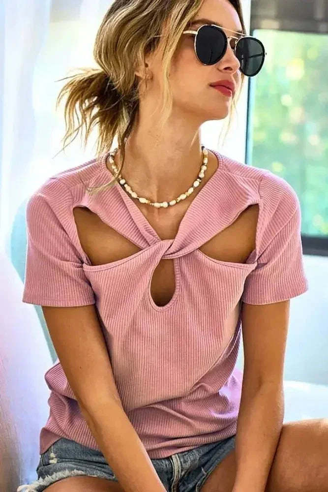 BiBi Rib Knit with Cut Out and Front Twist Detailed Top - Update AvenueT-ShirtsTrendsi10010054478126710010054478126744909b524f56423f958356e12599a417 - Max - OriginMAUVE