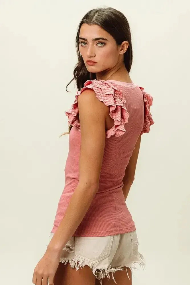 BiBi Rib Knit With Textured Ruffled Top - Update AvenueTanks & CamisTrendsi100100148611670100100148611670a32a010edd384ff69f33a32cdbbd4434 - Max - OriginDUSTY ROSE
