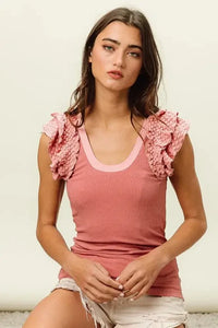 BiBi Rib Knit With Textured Ruffled Top - Update AvenueTanks & CamisTrendsi100100148611670100100148611670188b81ebc6f44324b025232e0f5b0cfc - Max - OriginDUSTY ROSE