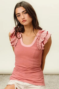 BiBi Rib Knit With Textured Ruffled Top - Update AvenueTanks & CamisTrendsi100100148611670100100148611670f546dc761fc7461fa8b06718717b80d8 - Max - OriginDUSTY ROSE
