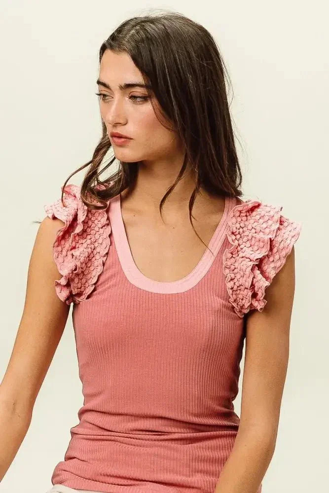 BiBi Rib Knit With Textured Ruffled Top - Update AvenueTanks & CamisTrendsi100100148611670100100148611670423744cee09c47f4aa82f3bf2c318a1b - Max - OriginDUSTY ROSE