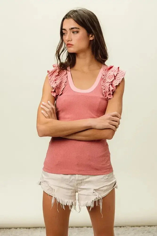 BiBi Rib Knit With Textured Ruffled Top - Update AvenueTanks & CamisTrendsi1001001486116701001001486116703246fe84b46e47dfbf85bee9a5b83d4e - Max - OriginDUSTY ROSE