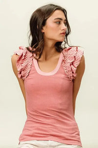 BiBi Rib Knit With Textured Ruffled Top - Update AvenueTanks & CamisTrendsi1001001486116701001001486116706f8fdcc3670048dba1d9c286db8f7d25 - Max - OriginDUSTY ROSE