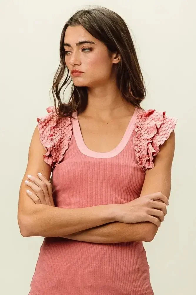 BiBi Rib Knit With Textured Ruffled Top - Update AvenueTanks & CamisTrendsi100100148611670100100148611670f256ec891d9e4bc488f1c26aeeac1906 - Max - OriginDUSTY ROSE