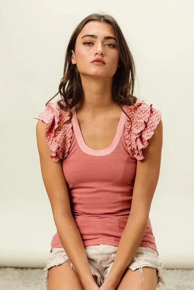 BiBi Rib Knit With Textured Ruffled Top - Update AvenueTanks & CamisTrendsi100100148611670100100148611670ad998aa7b94440fd9b135f6c9473aa40 - Max - OriginDUSTY ROSE