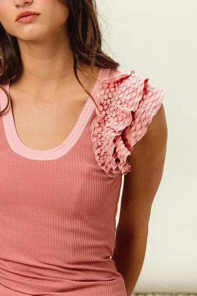 BiBi Rib Knit With Textured Ruffled Top - Update AvenueTanks & CamisTrendsi100100148611670100100148611670251e8b9e947e43898dd44769e06b8a3a - Max - OriginDUSTY ROSE