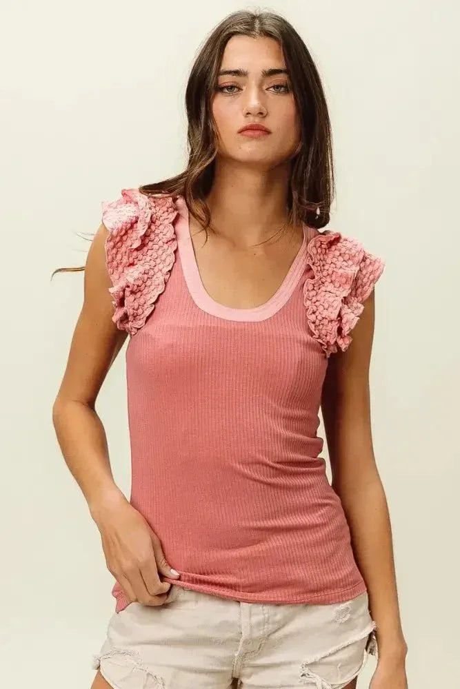 BiBi Rib Knit With Textured Ruffled Top - Update AvenueTanks & CamisTrendsi10010014861167010010014861167095ec9eb520c7451587888cd47f1aef9c - Max - OriginDUSTY ROSE