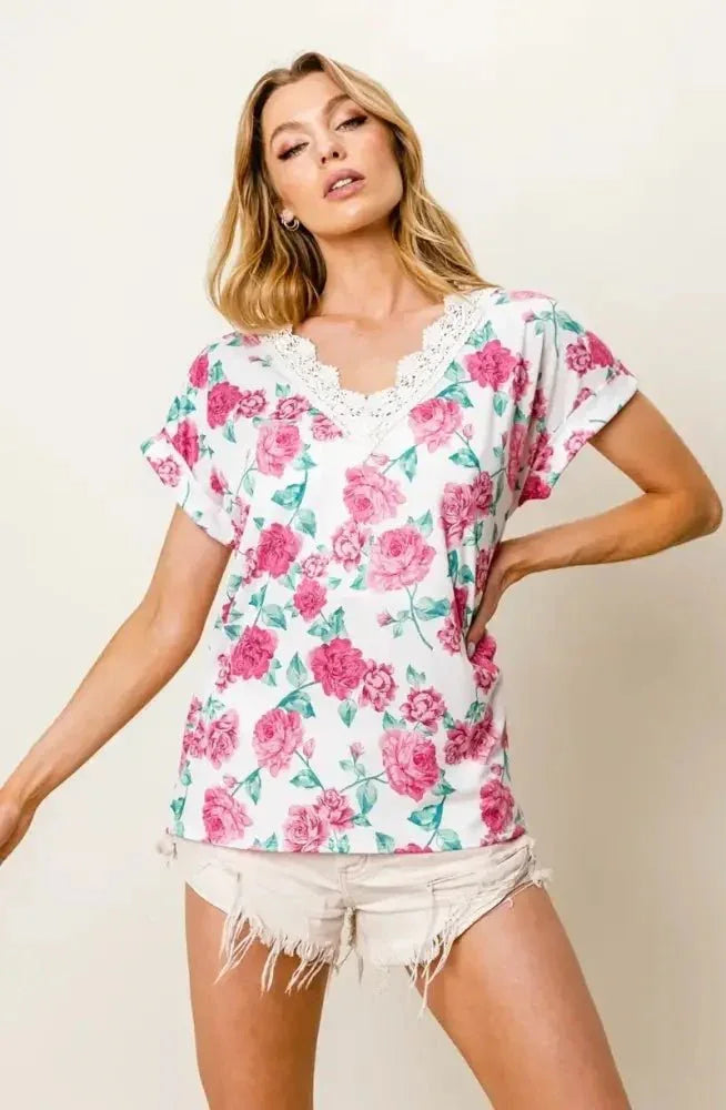 BiBi Rose Printed Poly Span with Crochet Lace Top - Update AvenueT-ShirtsTrendsi10010051974147710010051974147721e240dc0fca4b5c9c8329f721daf16c - Max - OriginFUCHSIA