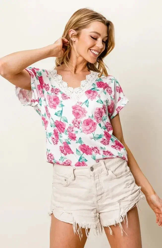 BiBi Rose Printed Poly Span with Crochet Lace Top - Update AvenueT-ShirtsTrendsi10010051974147710010051974147799d4177ba6e540e89e204b3c7737939f - Max - OriginFUCHSIA