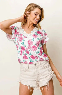 BiBi Rose Printed Poly Span with Crochet Lace Top - Update AvenueT-ShirtsTrendsi10010051974147710010051974147799d4177ba6e540e89e204b3c7737939f - Max - OriginFUCHSIA